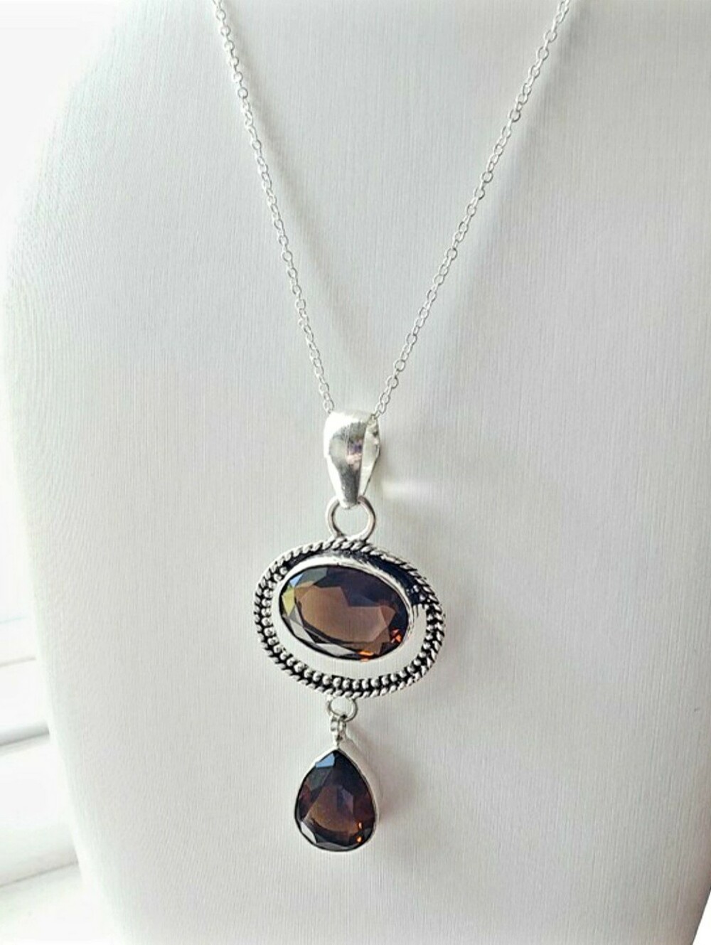 NEW Smoky Topaz Large Faceted Stones, Stamped Sterling Pendant, On Silver Chain.